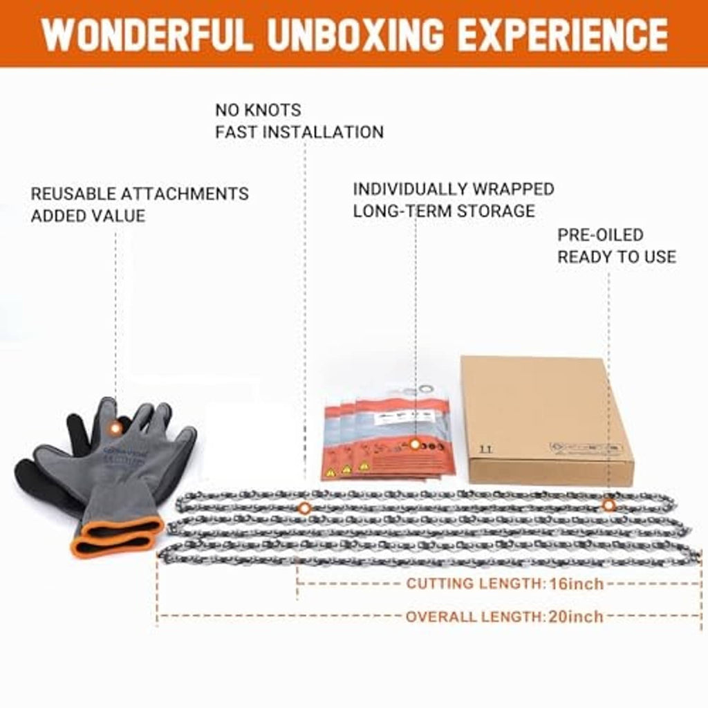 Chainsaw chain kit unboxing diagram showing pre-assembled chain and storage