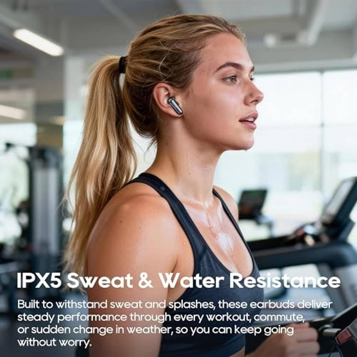 Black in-ear wireless earbuds worn by a woman during workout