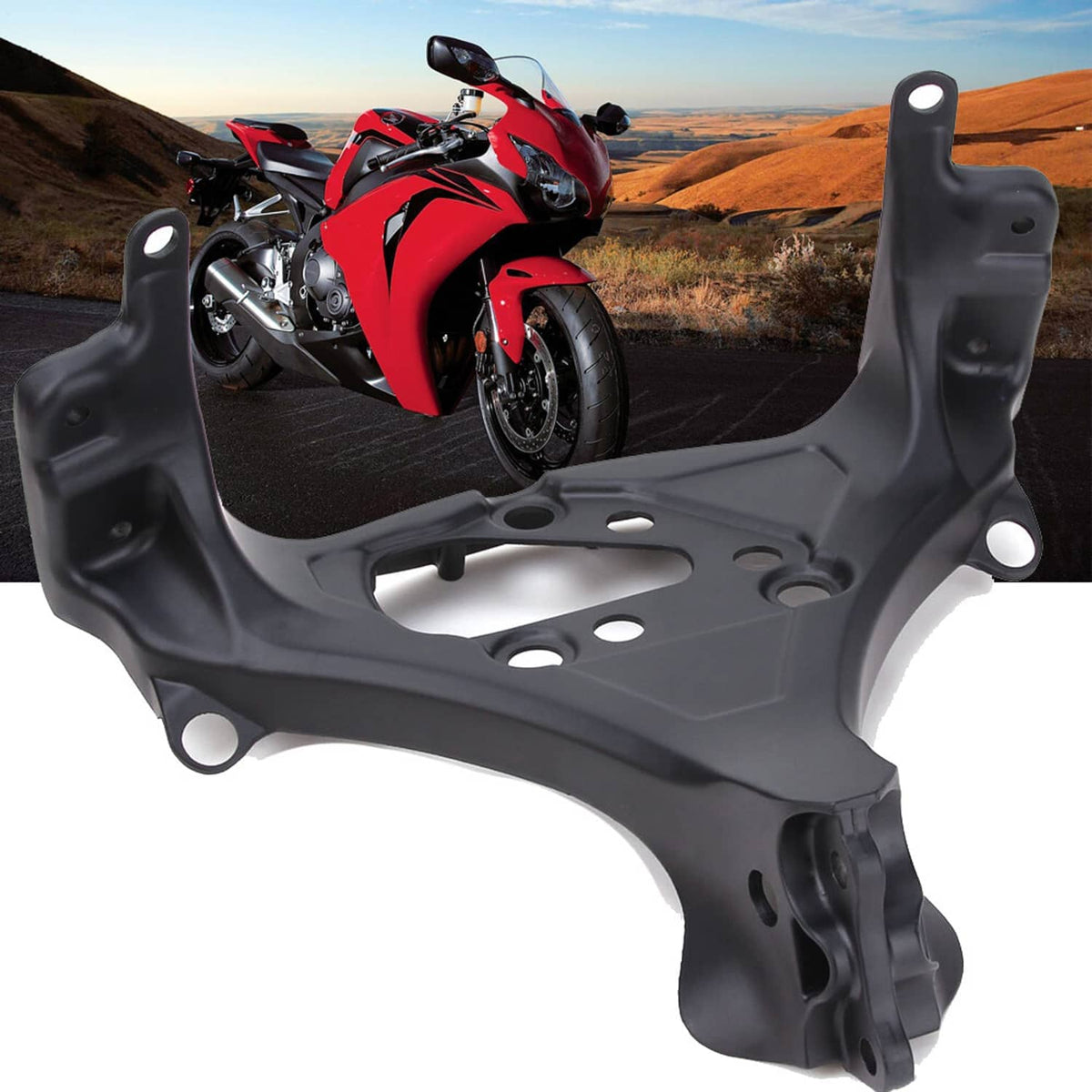 Black headlight fairing stay bracket with curved supports and multiple bolt holes