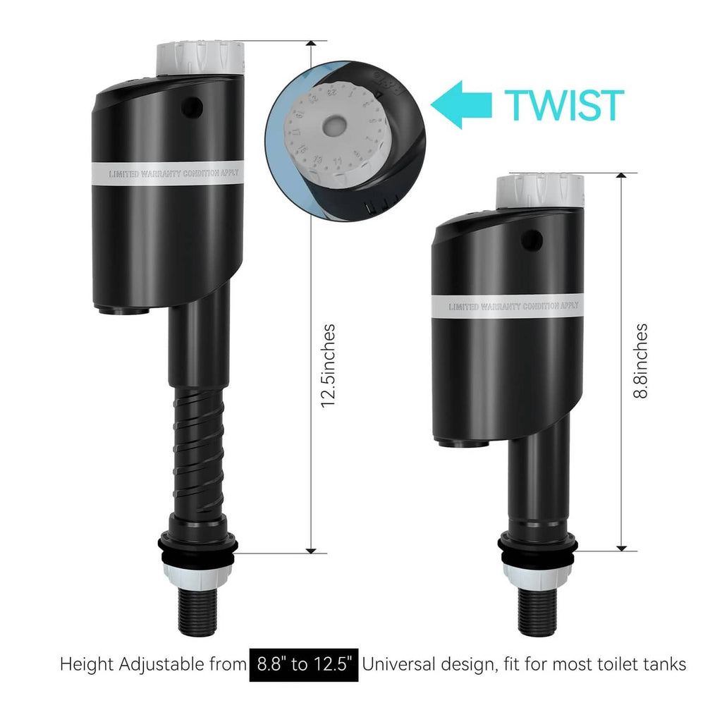Quiet toilet fill valve with black housing showing adjustable height range
