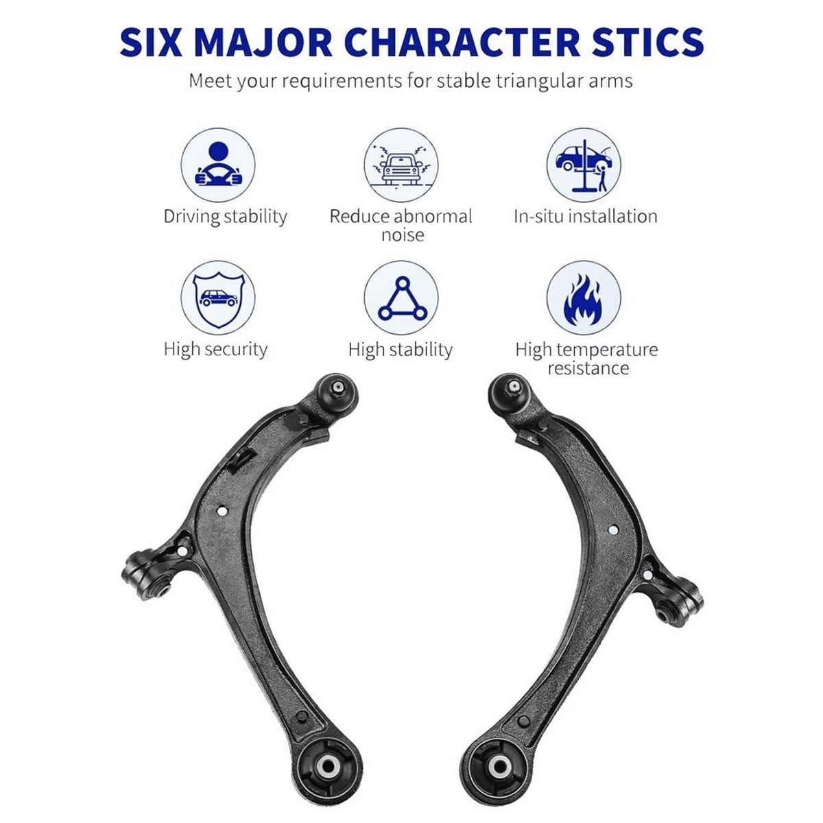 Pair of black control arms with ball joints and mounting hardware for front suspension