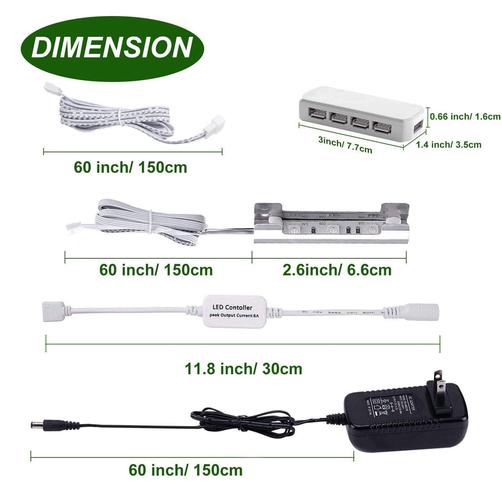 LED light strip kit showing 60 in cables, control bar, and 12V power adapter