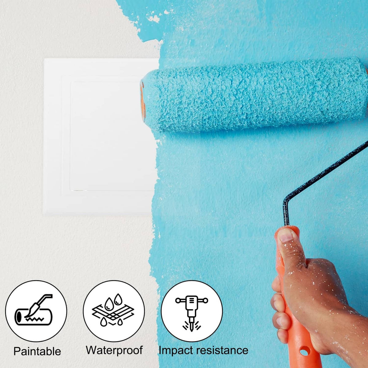 White hinged access panel with paint-ready surface on wall