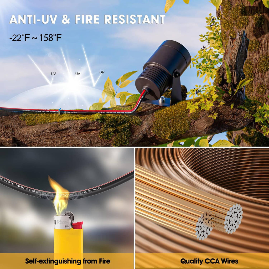 Red and black low-voltage wire with CCA strands, UV and fire resistance