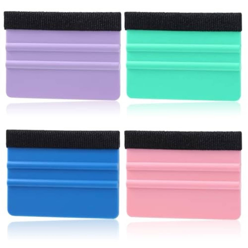 Four small felt vinyl squeegees with black straps, in purple, green, blue, and pink