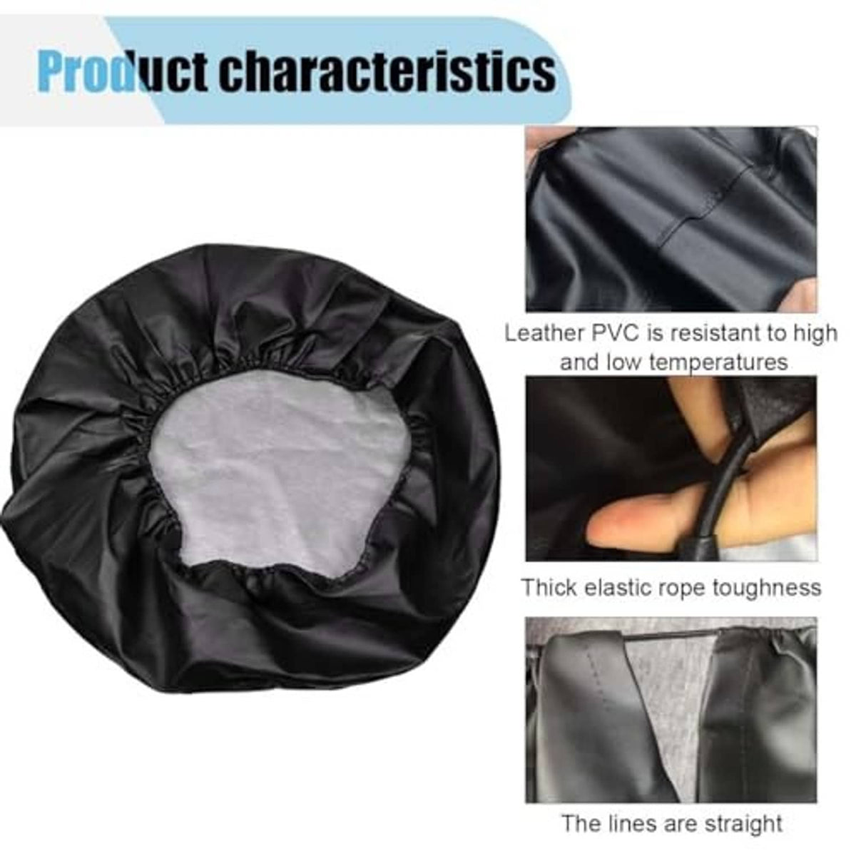 Black leather-look spare tire cover with elastic rope and smooth inner lining