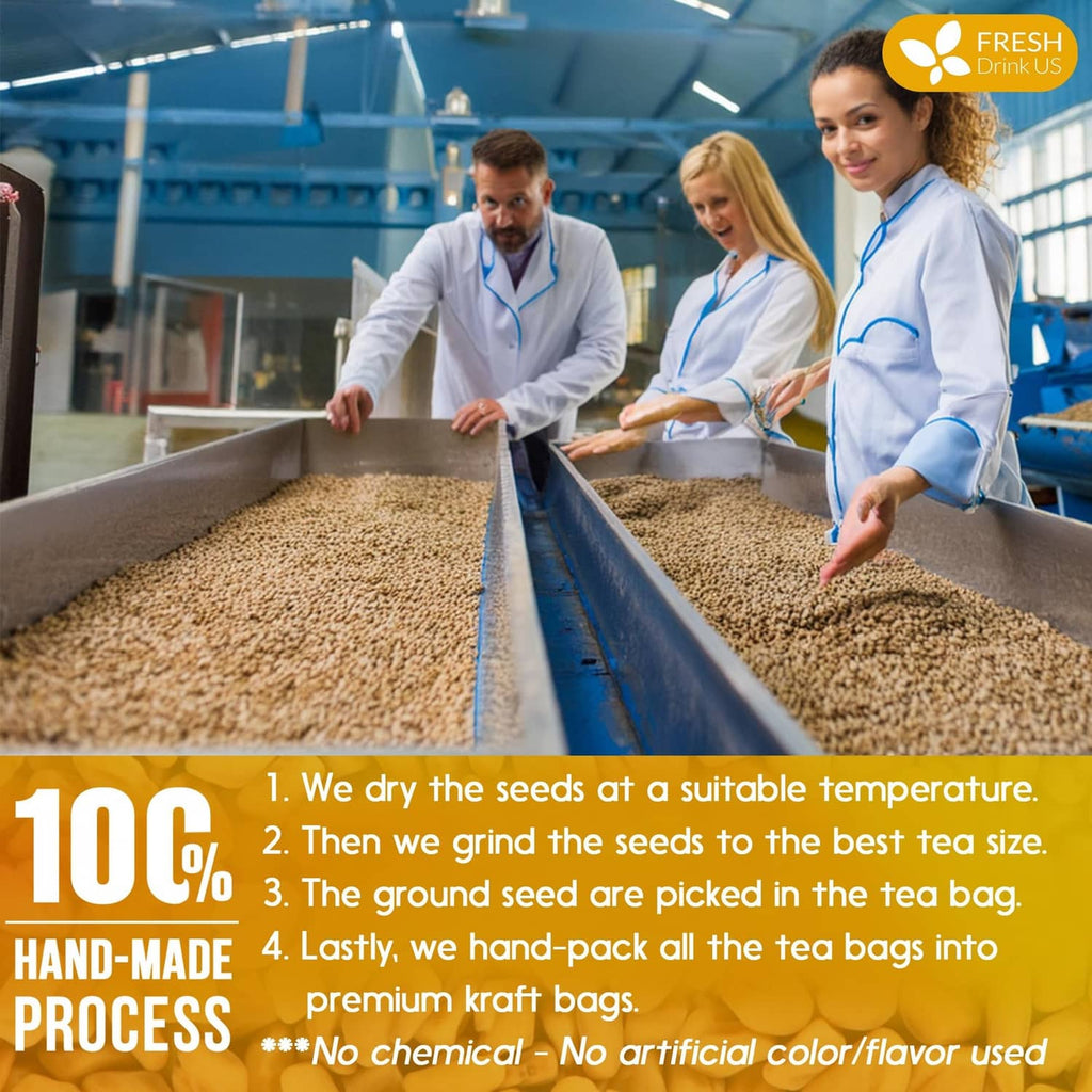 Workers filling large bins with fenugreek seeds for tea bag packing