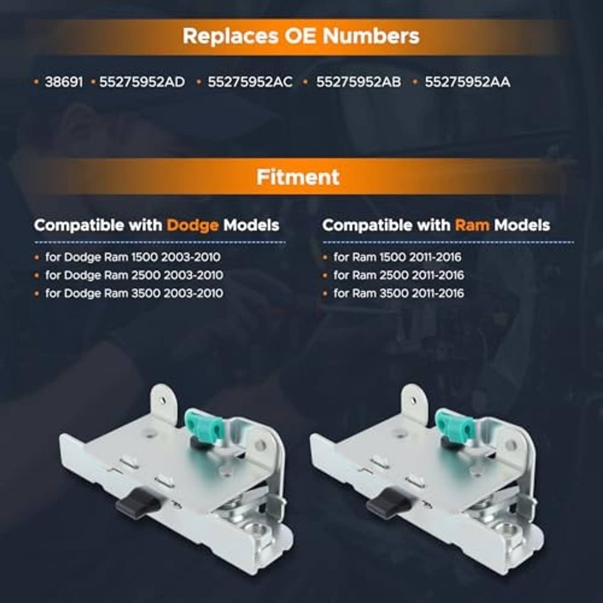 Rear tailgate latch pair, light gray metal with teal clips and mounting hardware