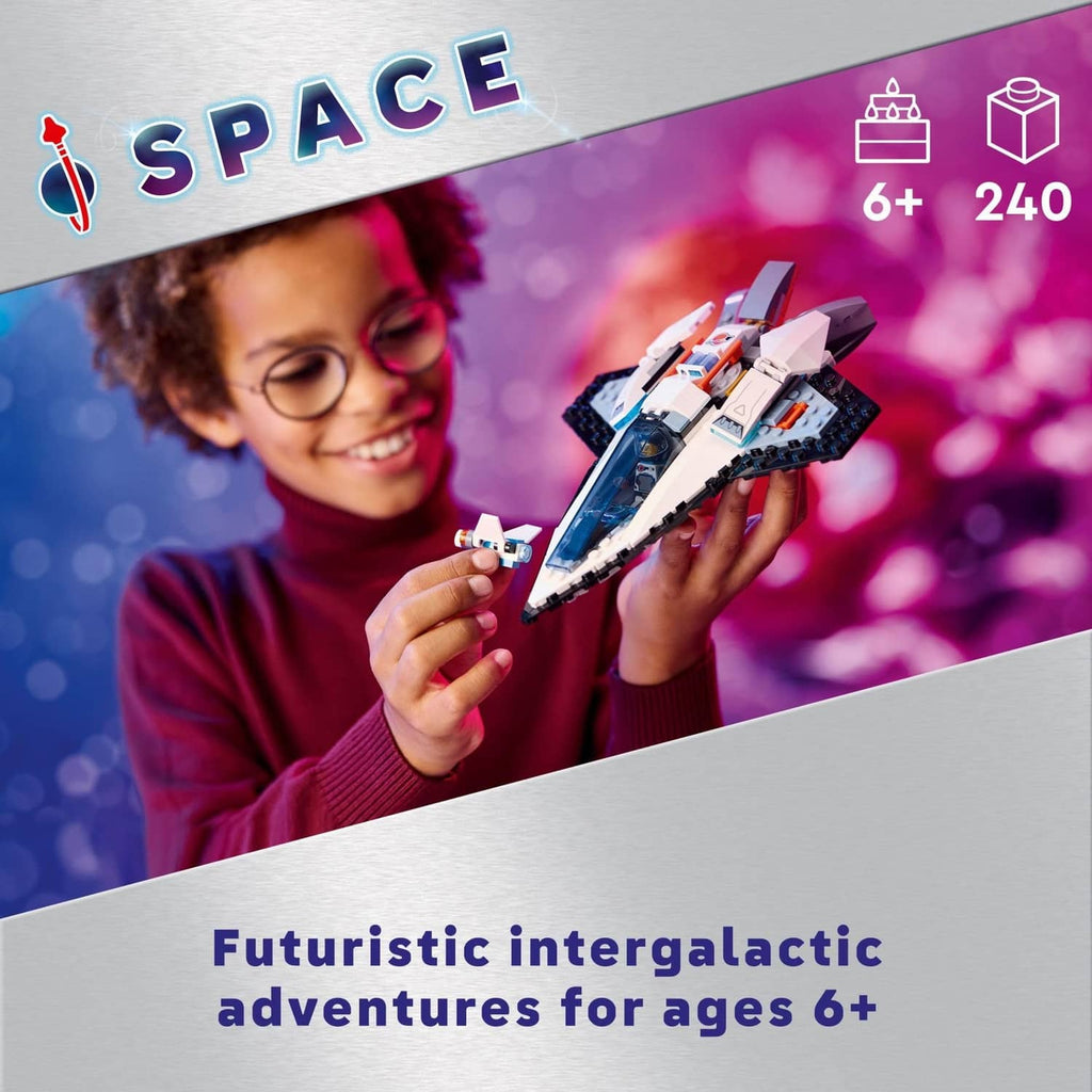 Space LEGO toy spaceship with child holding the mini spacecraft from the set