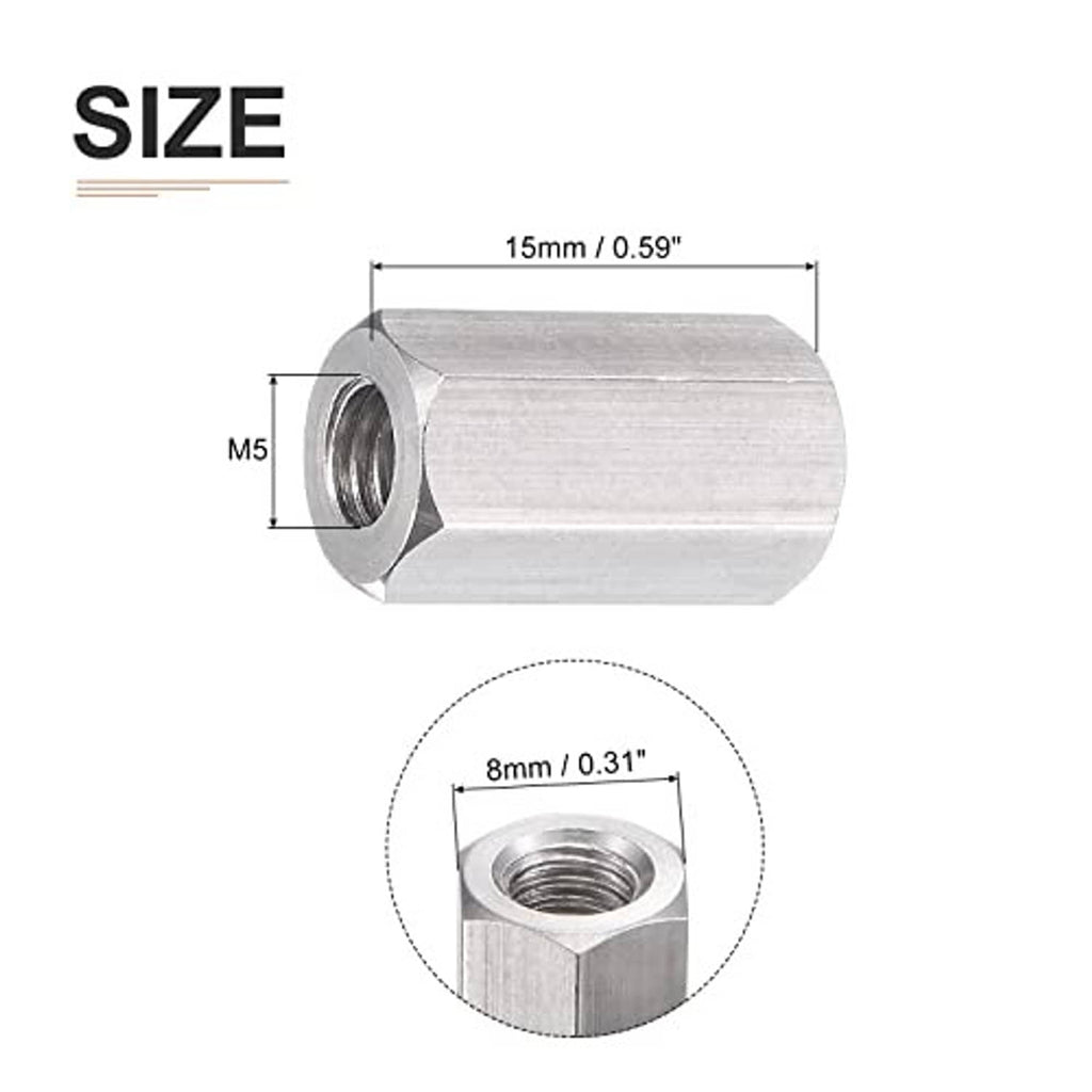 Hex coupling nut, silver steel cylinder with M5 internal thread; 15mm length measurement.