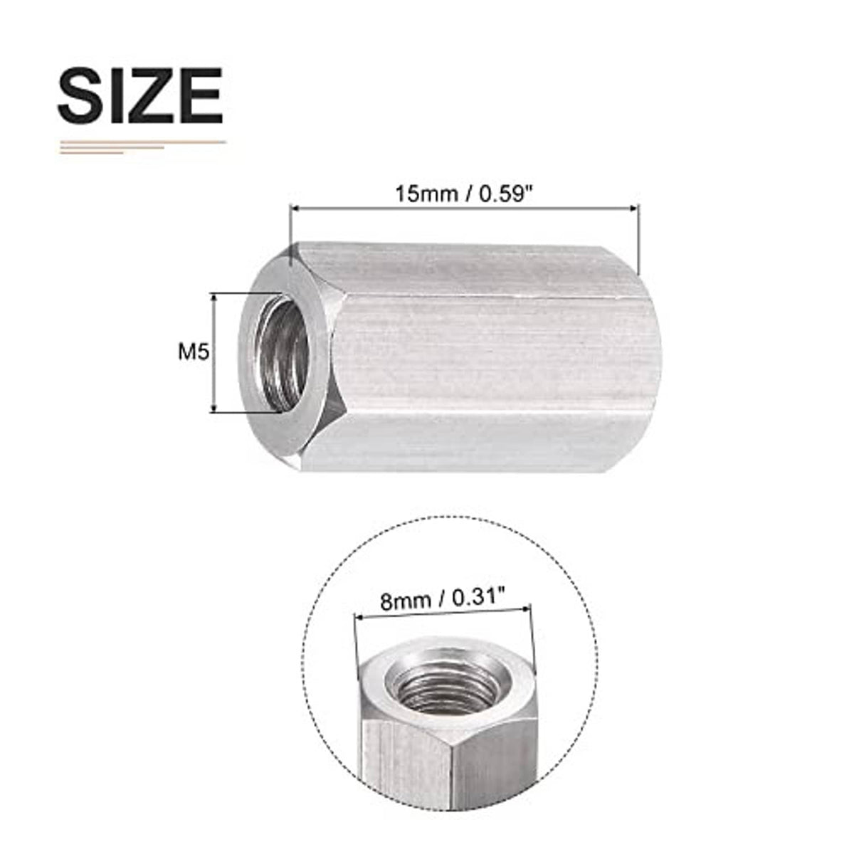 Hex coupling nut, silver steel cylinder with M5 internal thread; 15mm length measurement.