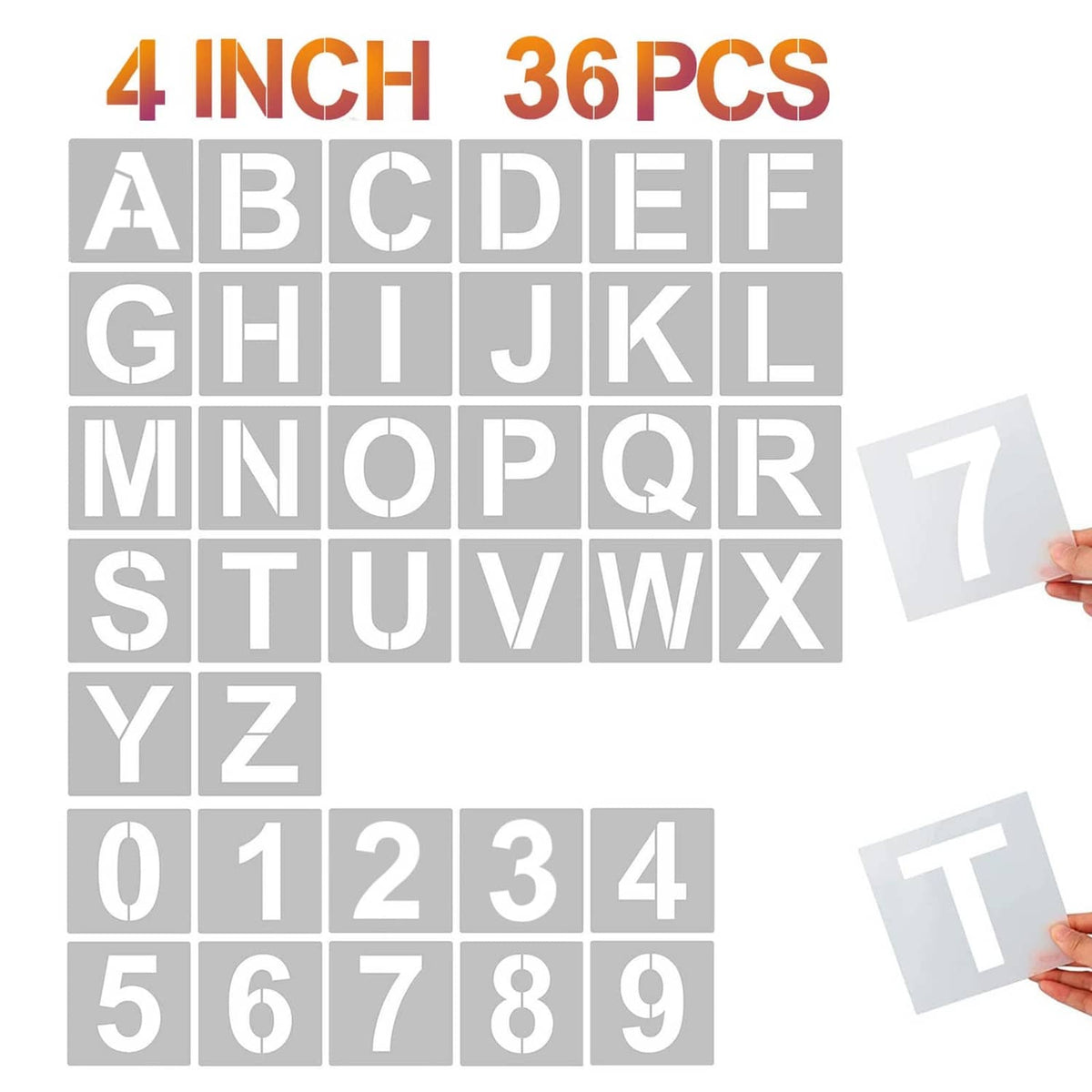 4-inch alphabet and number stencil set, uppercase letters A–Z and digits 0–9, plastic sheets