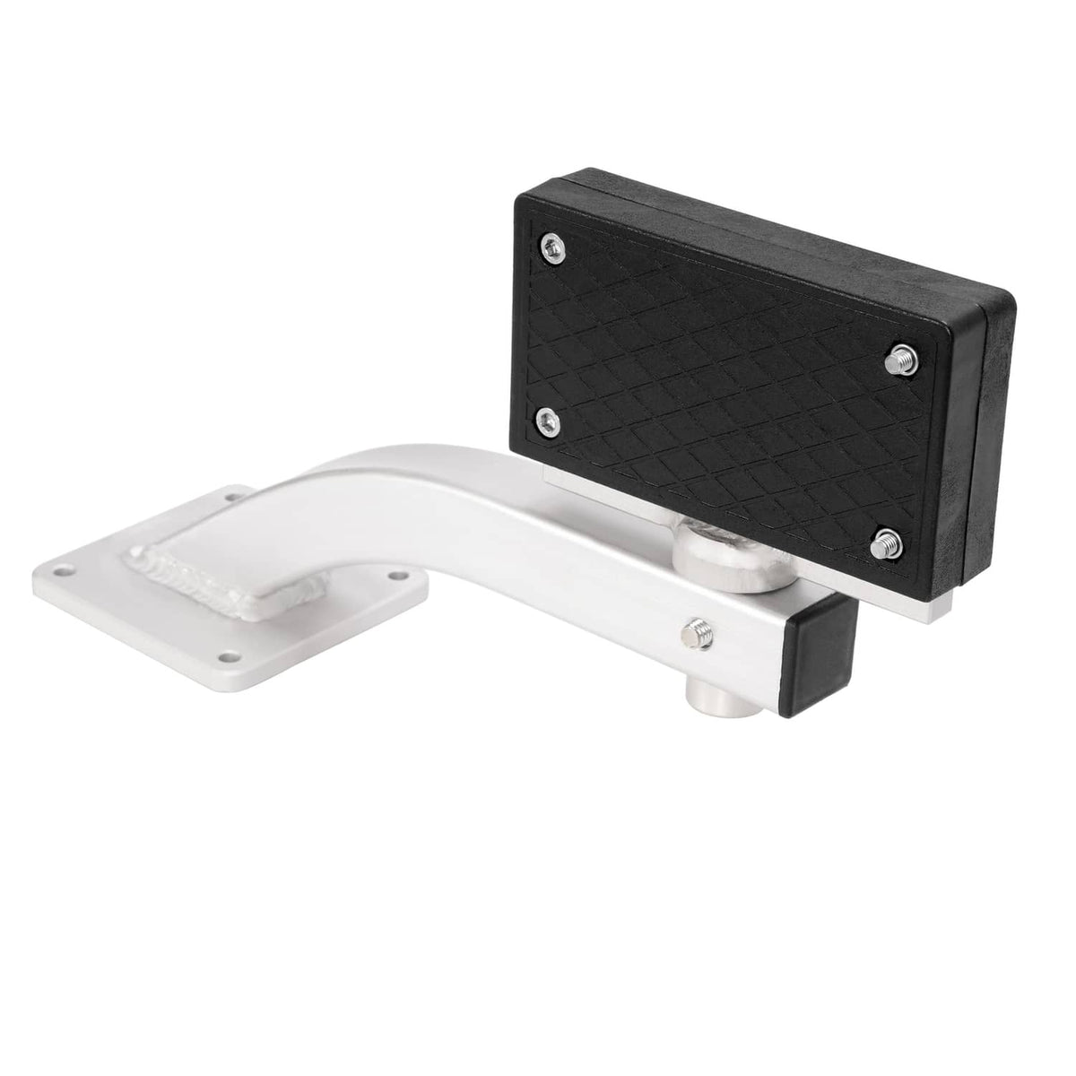 Trolling motor bracket assembly with black pad, silver arm, and mounting base
