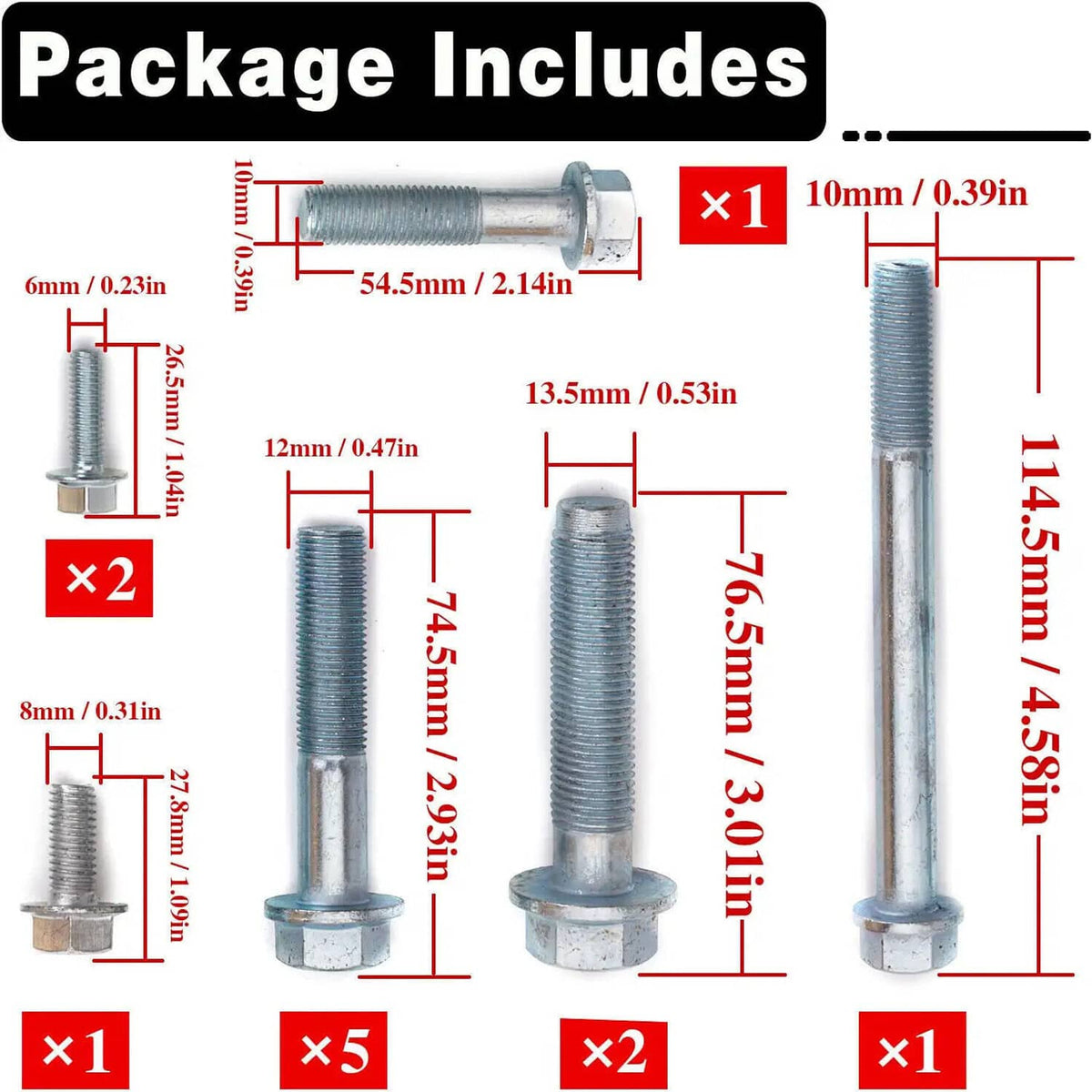 Transmission bolt kit package showing multiple bolt lengths and quantity labels