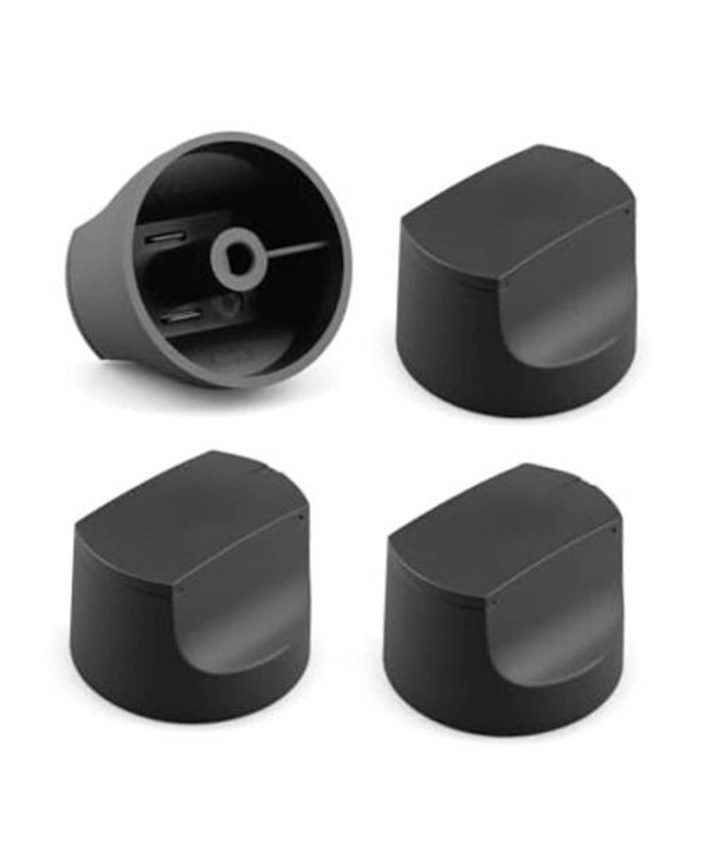 Set of four black plastic grill control knobs, including one with indicator line and center hole