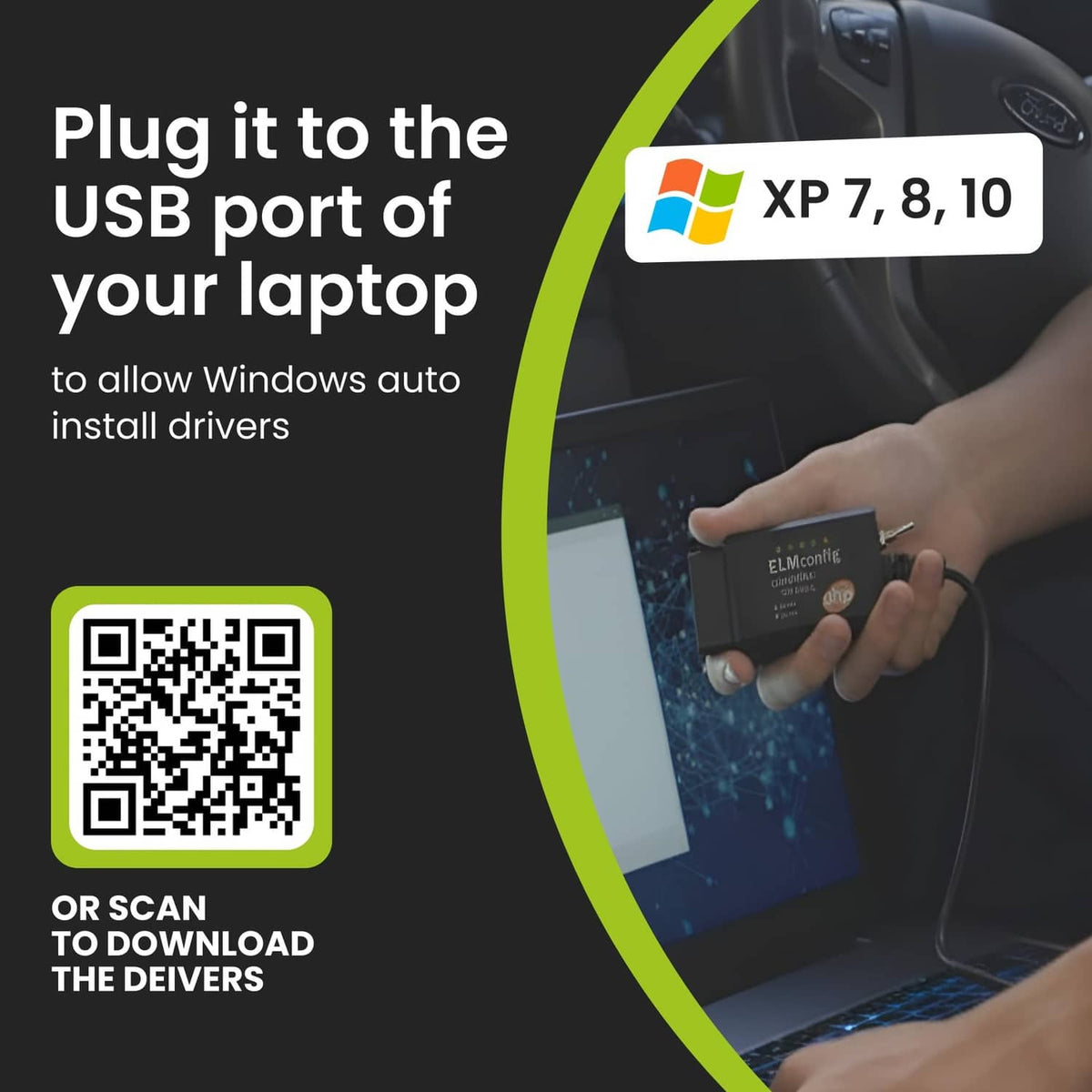 ELMconfig ELM327 OBD2 to USB adapter held near a laptop for Windows drivers