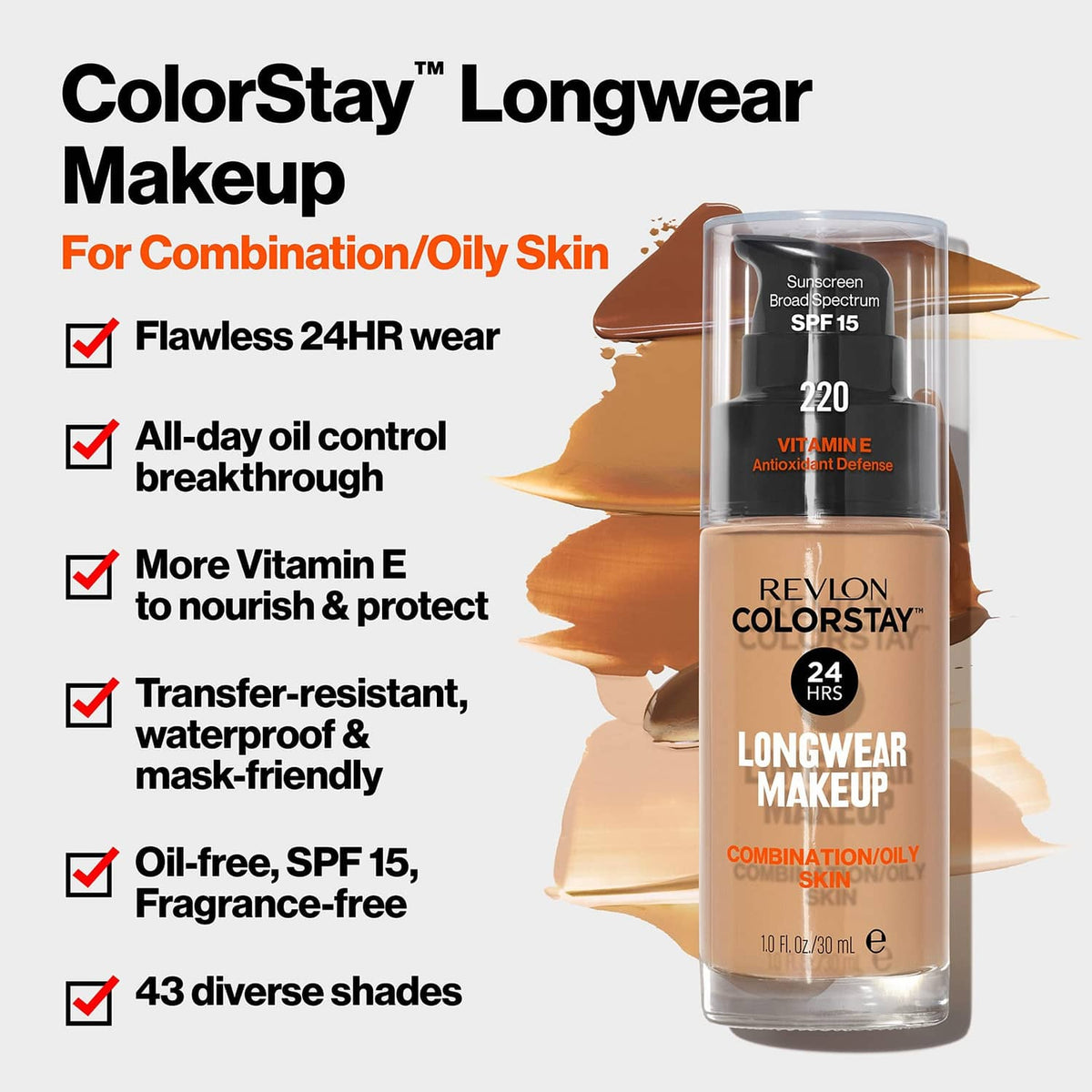 Revlon ColorStay longwear liquid foundation bottle with warm beige smear
