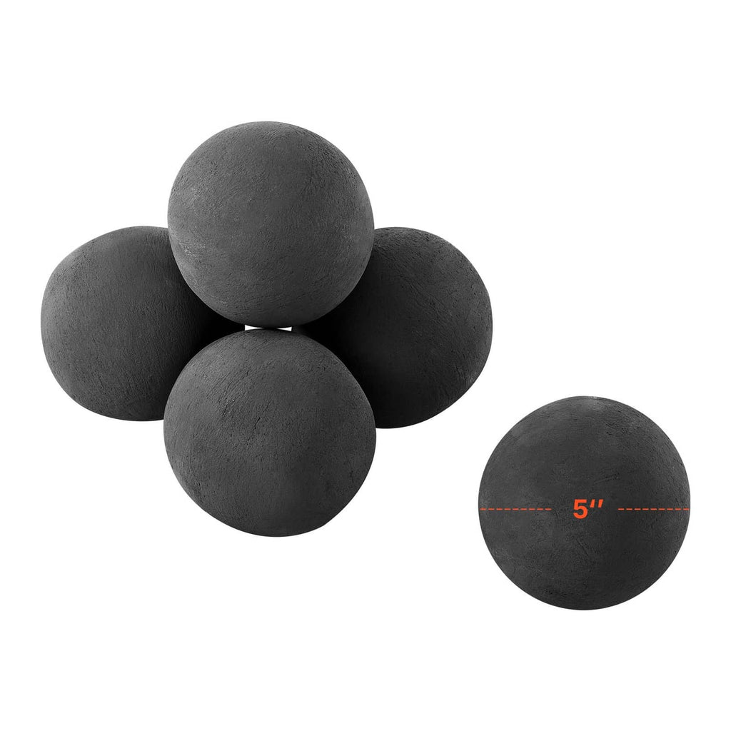 Cluster of black round ceramic fire balls plus a single ball for size comparison