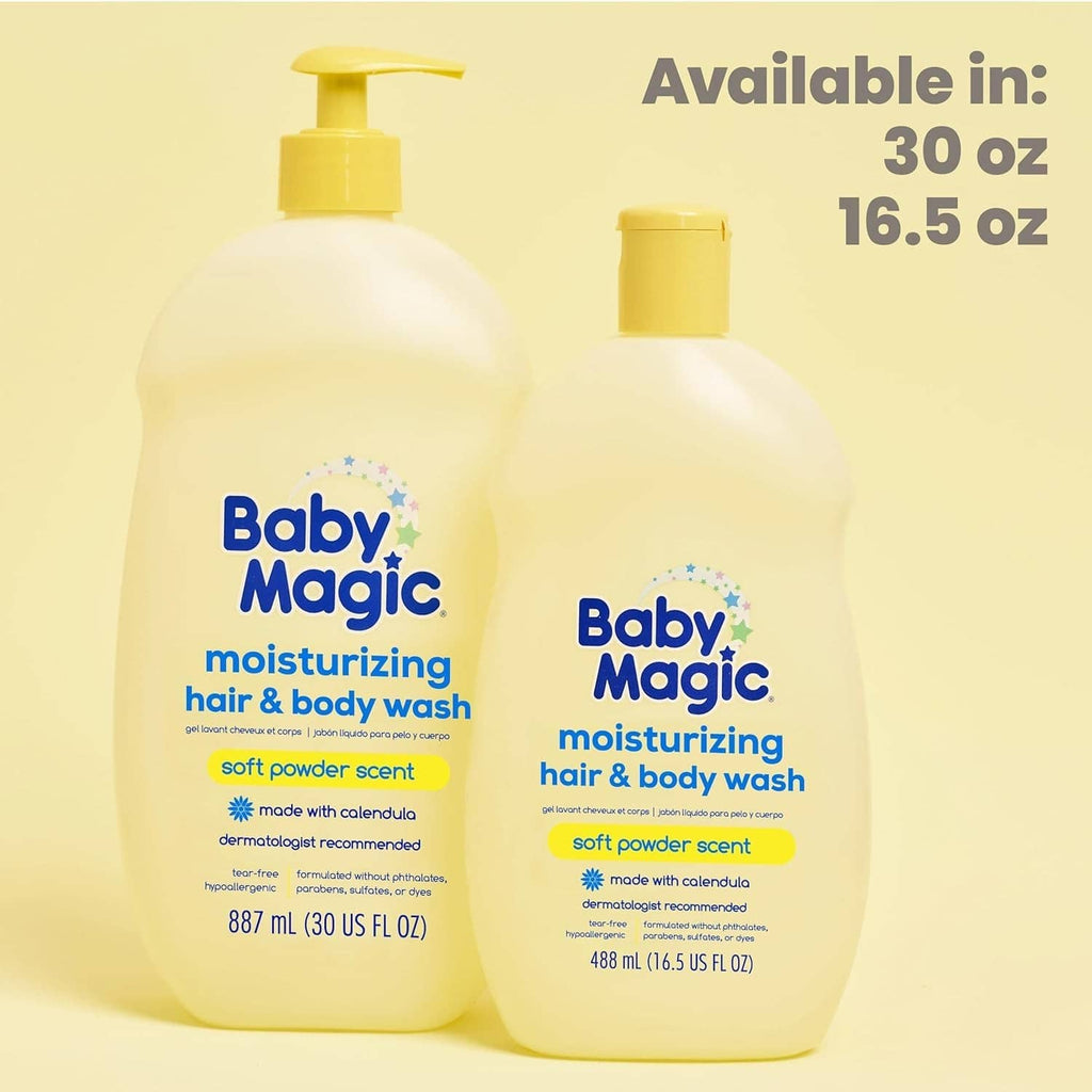 Baby Magic moisturizing hair & body wash bottles, available in 30 oz and 16.5 oz.