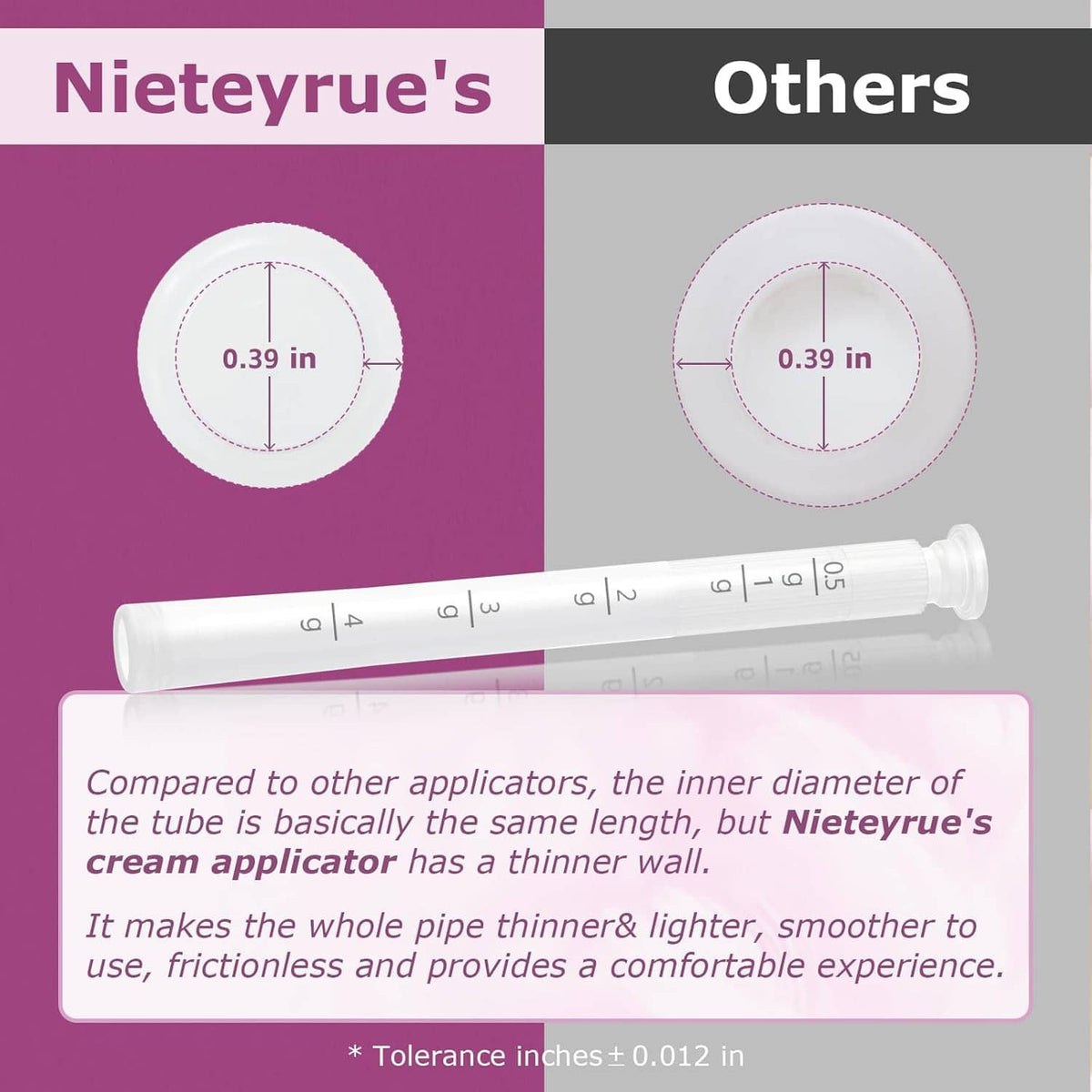 Disposable vaginal cream applicator tube with dosage markings, size comparison view