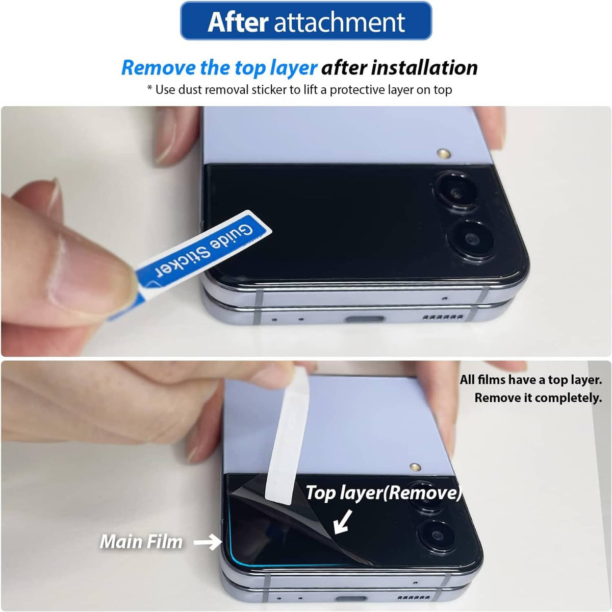 Hands applying foldable phone screen protector film; removable top layer shown