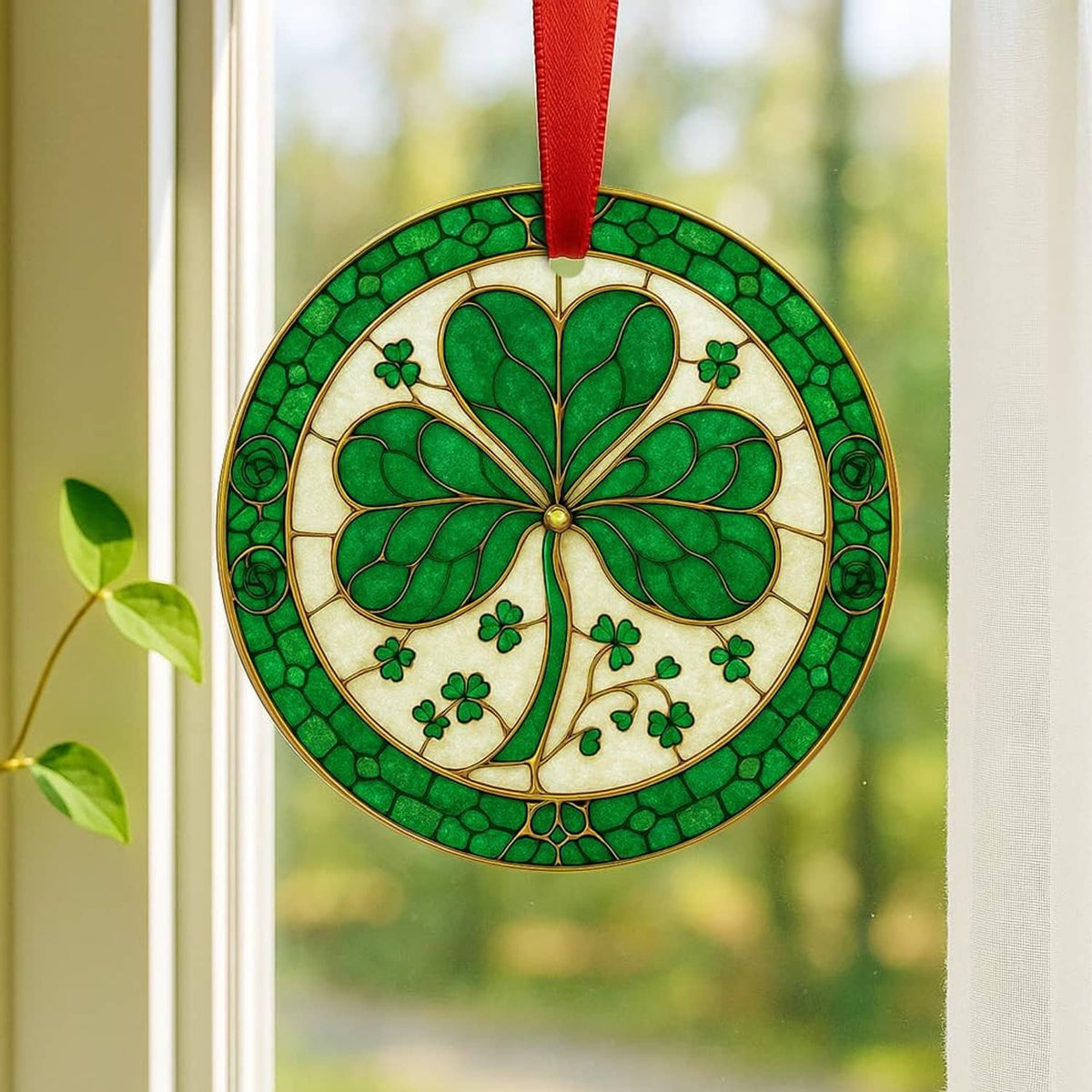 Hanging green ceramic shamrock ornament with red ribbon and clover tree center