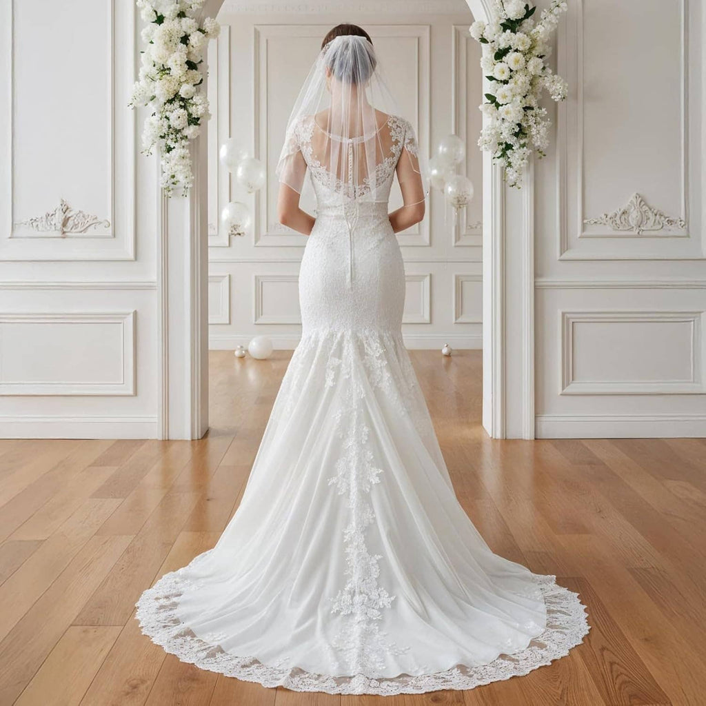 White bridal gown with embroidered bodice and short tulle veil gathered with a comb
