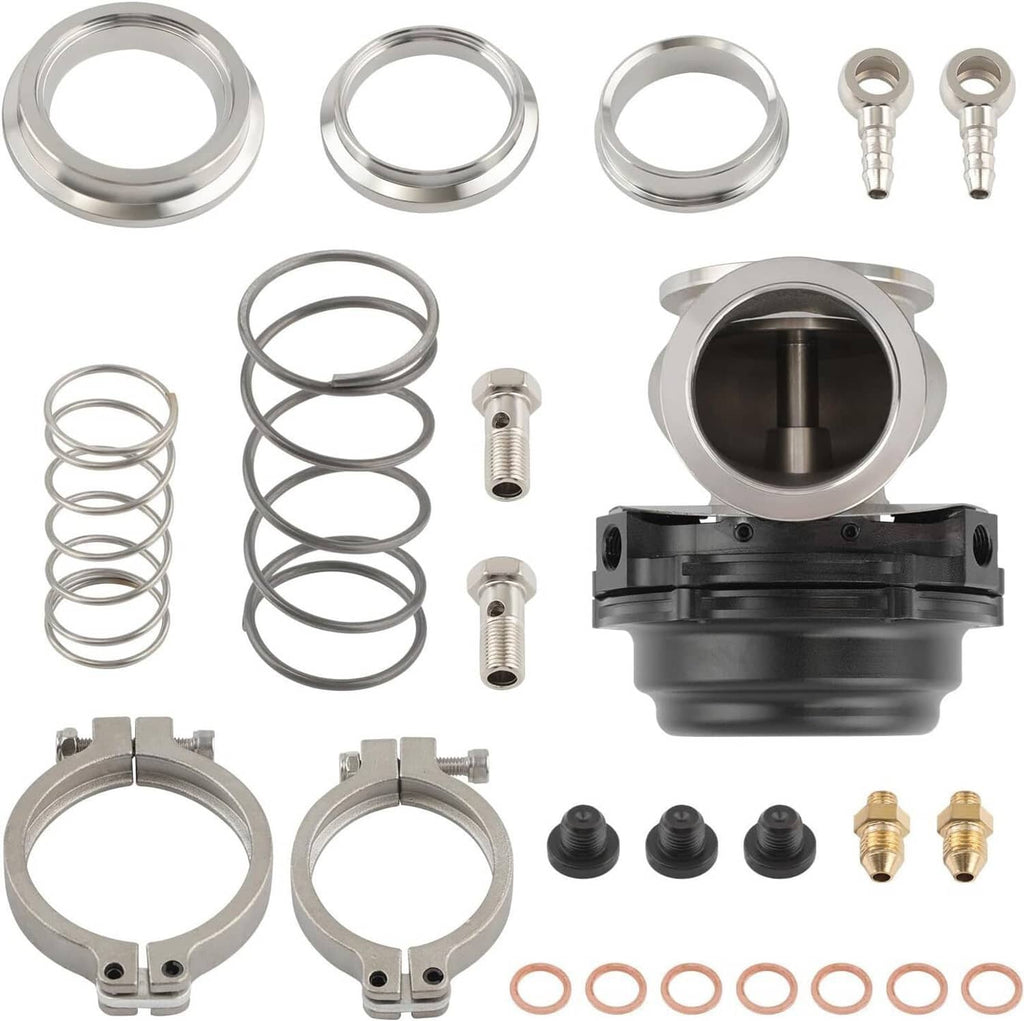 External turbo wastegate parts set with black housing, springs, and metal flanges