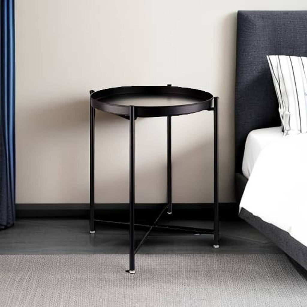 Black metal 1-tier side end table with round top and open frame for storage