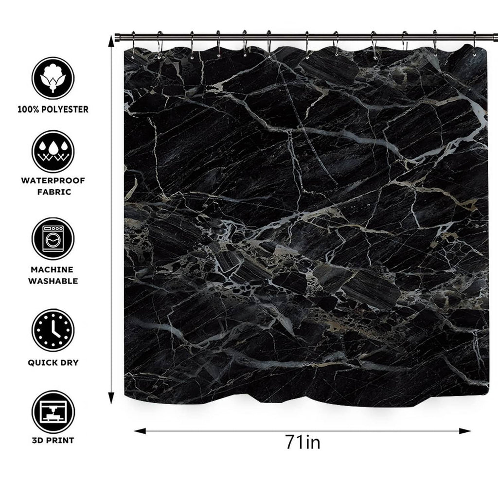Black marble shower curtain panel, waterproof polyester fabric, 71 in size