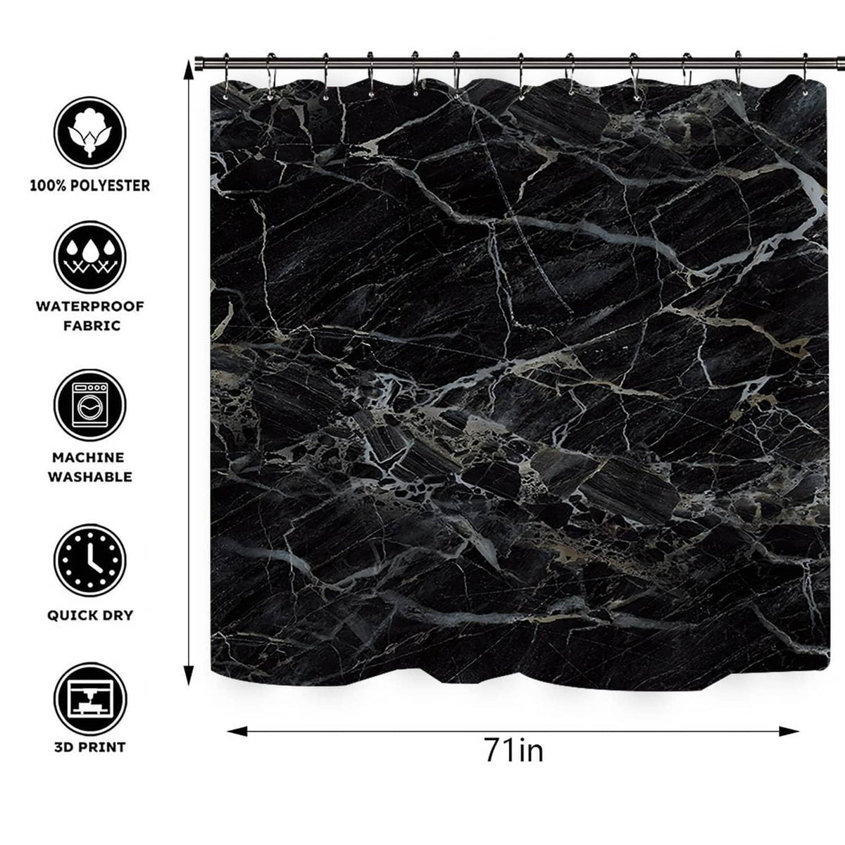 Black marble shower curtain panel, waterproof polyester fabric, 71 in size