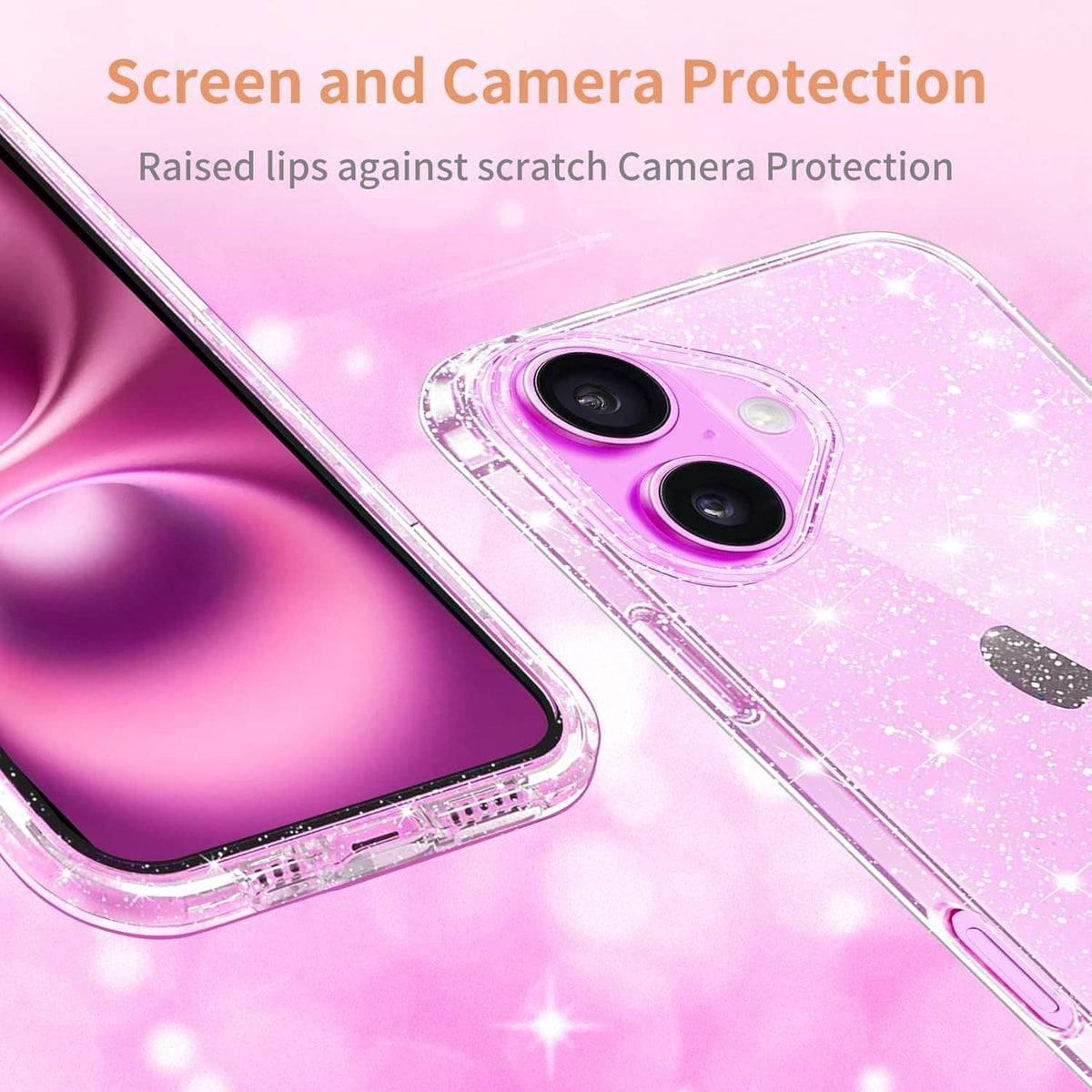 Pink glitter phone case with raised lips for screen and camera protection