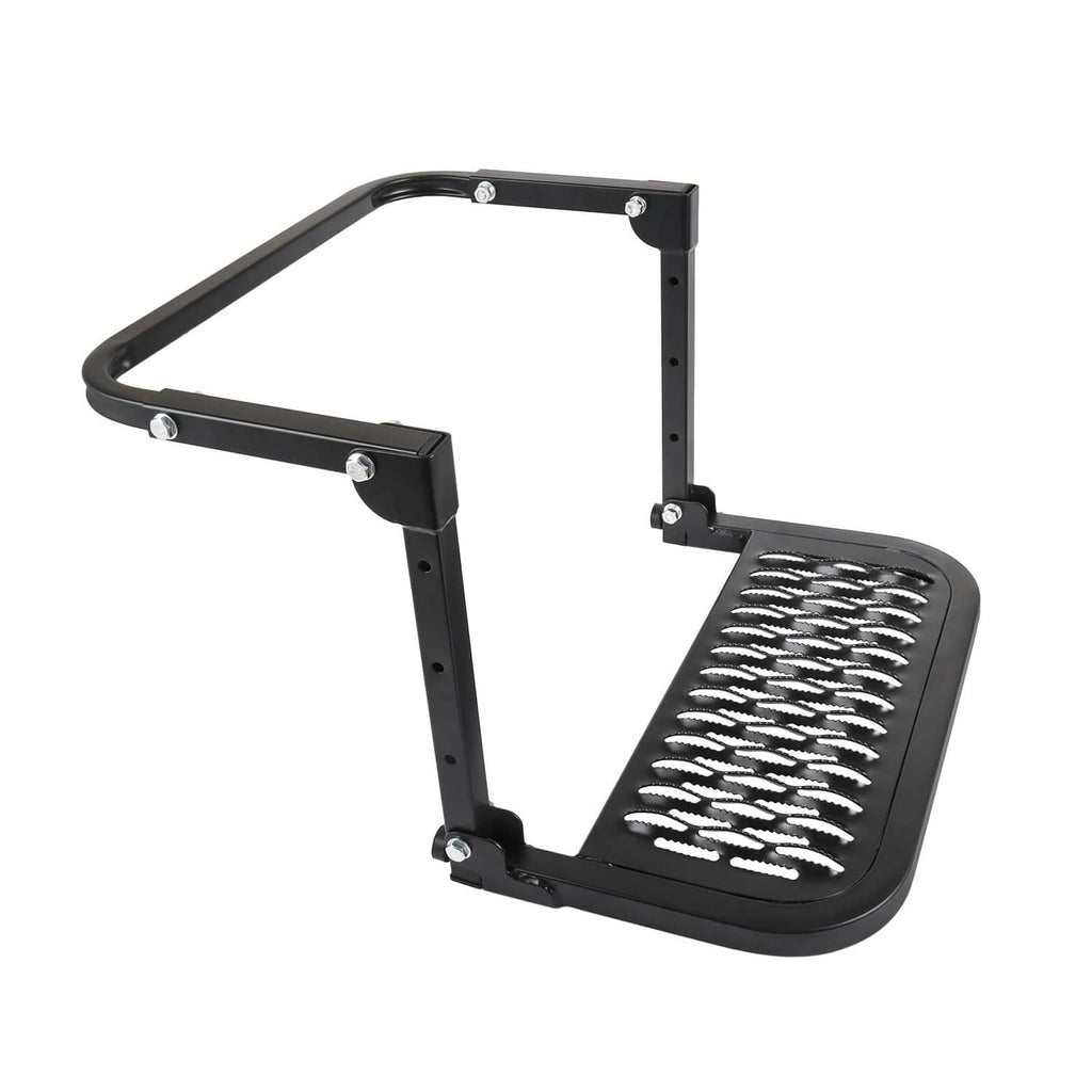 Black folding tire step with open frame and ribbed anti-slip tread platform
