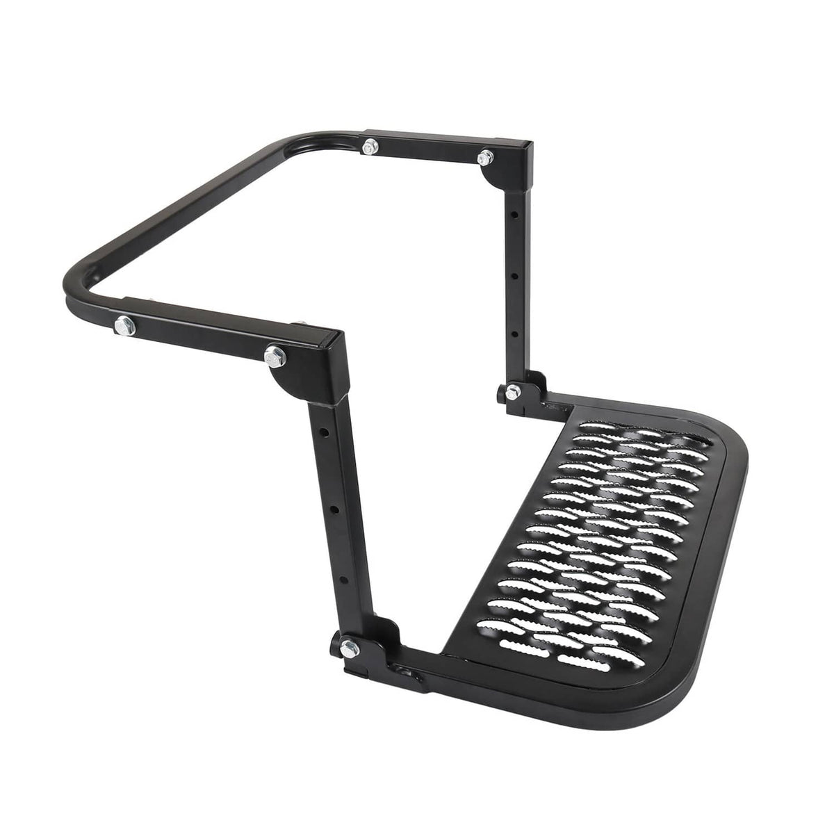 Black folding tire step with open frame and ribbed anti-slip tread platform