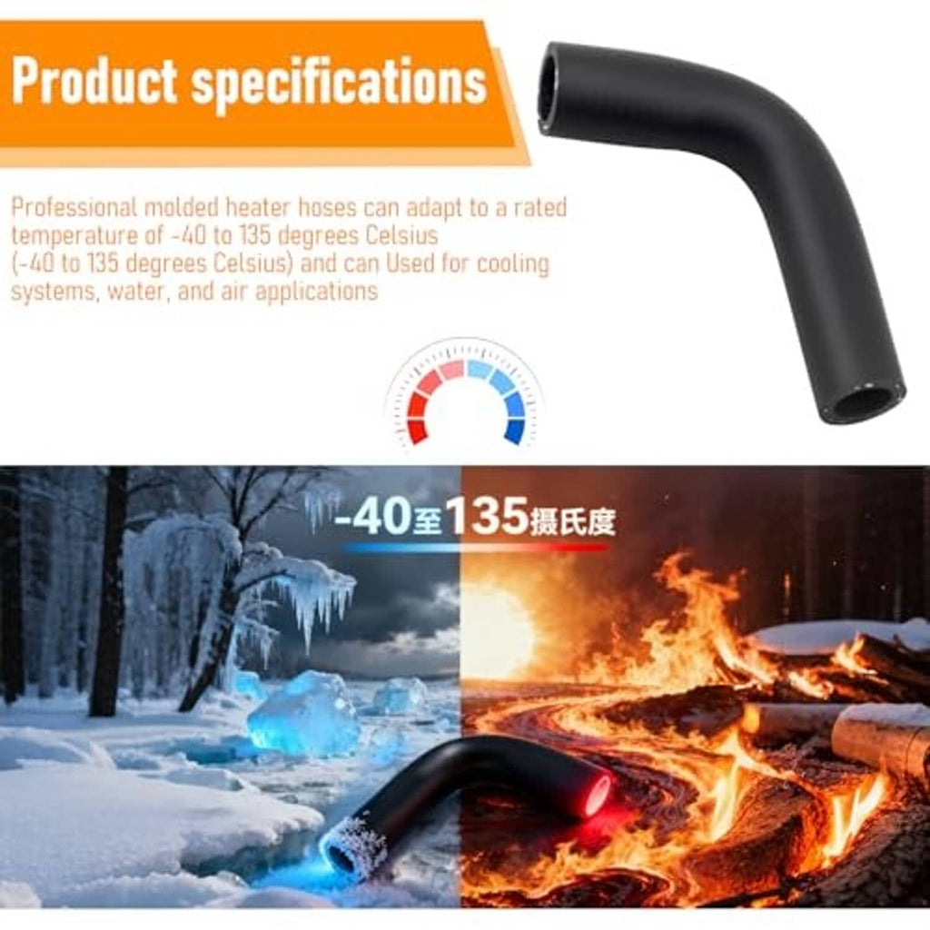 Black molded molded rubber hose elbow with open ends, shown on specs card