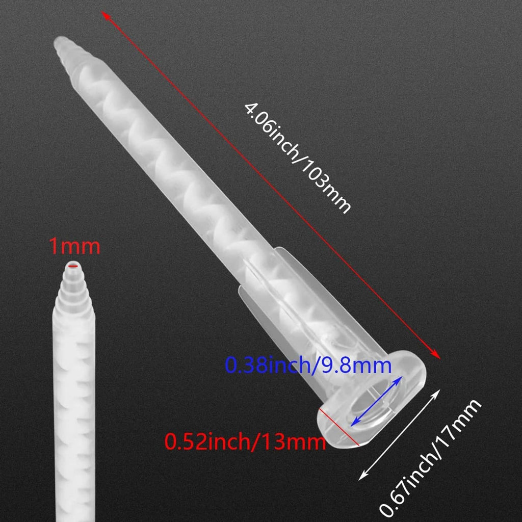 Clear static mixer nozzle tip with helical mixing channels, angled close-up