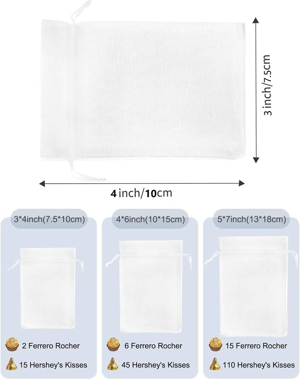 White mesh drawstring gift bag, rectangular pouch with draw cord