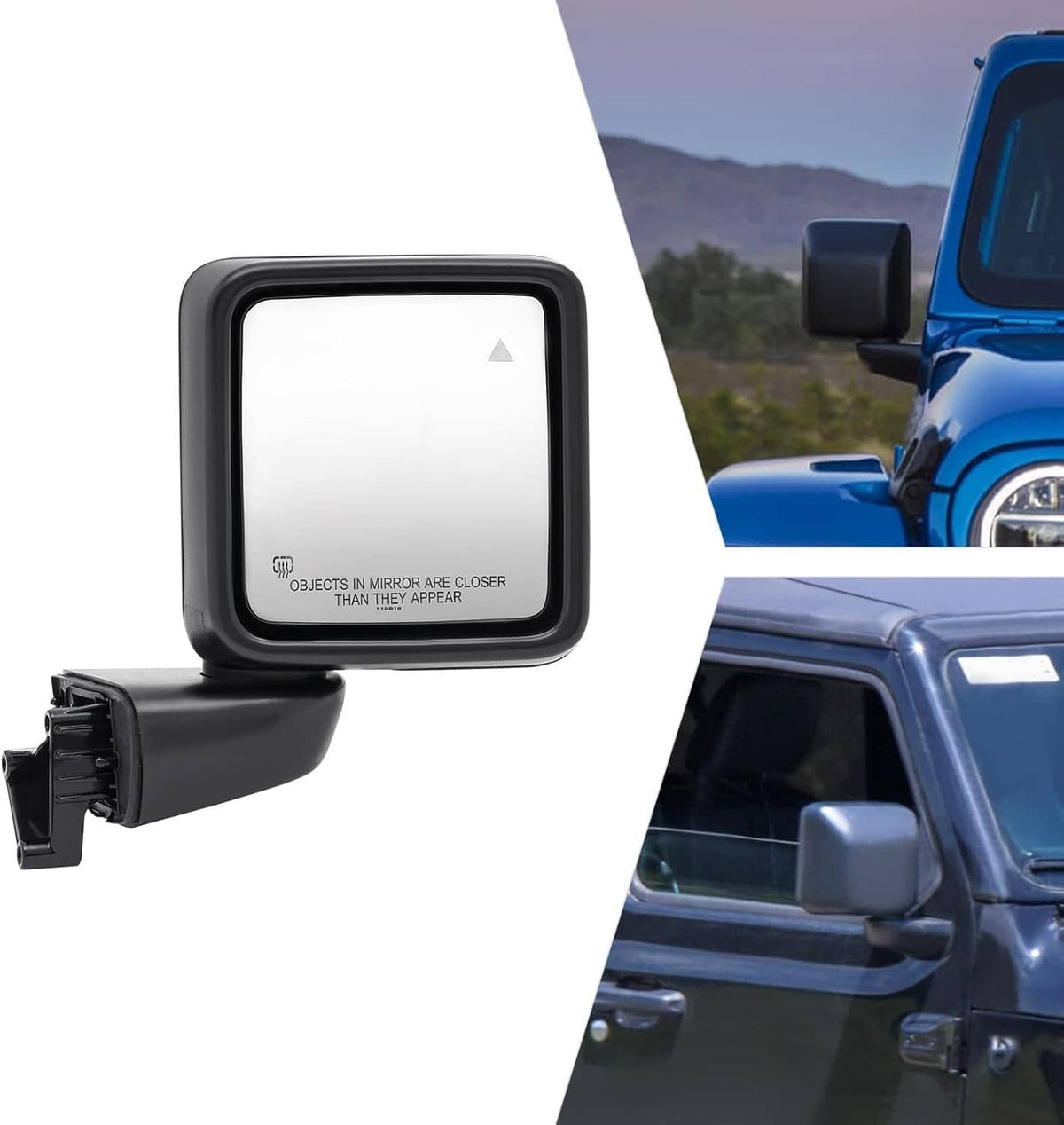 Black blind spot mirror with warning icon on glass, angled for side view