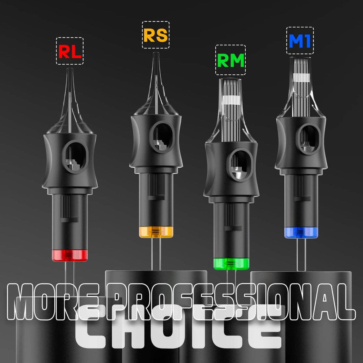 Four tattoo cartridge needles with black shells and colored band tips on clear stems