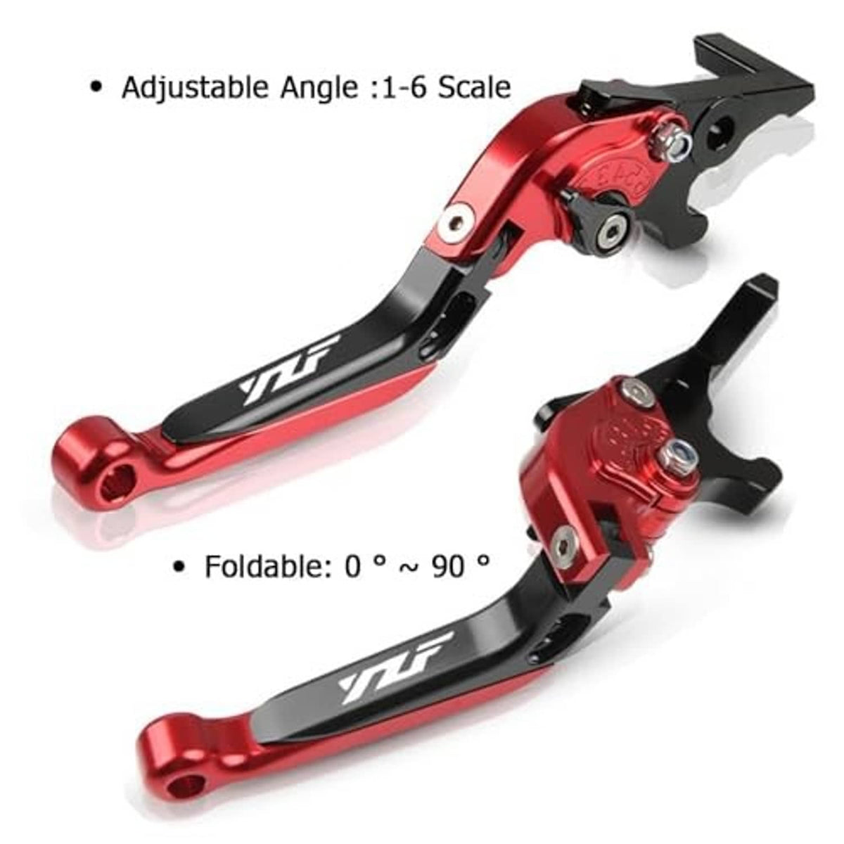 Red motorcycle brake and clutch lever set with black handles, foldable design