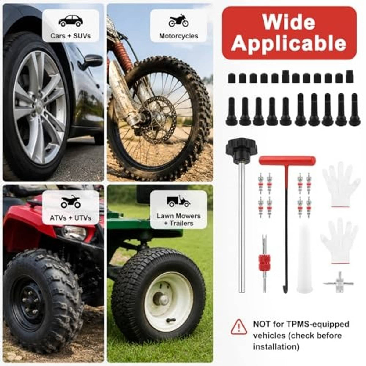 Wide application tire valve stem kit for multiple vehicles with included valve caps and stems