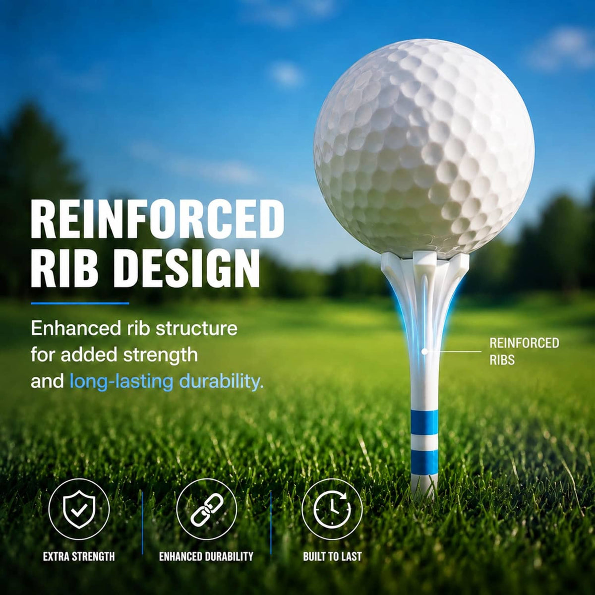 Reinforced-rib 5-prong golf tee, white head and blue-banded shaft with ball