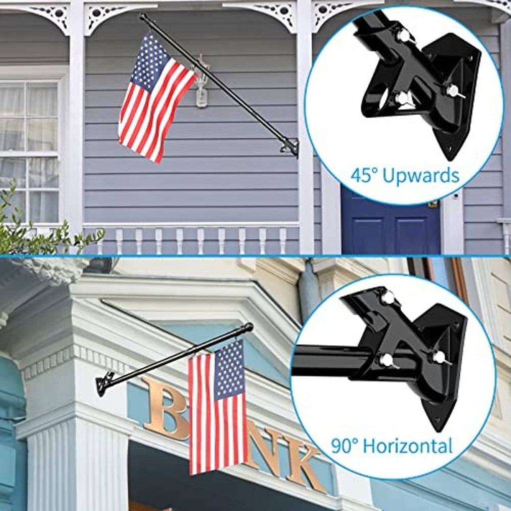 Black porch flagpole bracket mount with angled pole, showing 45° upward position