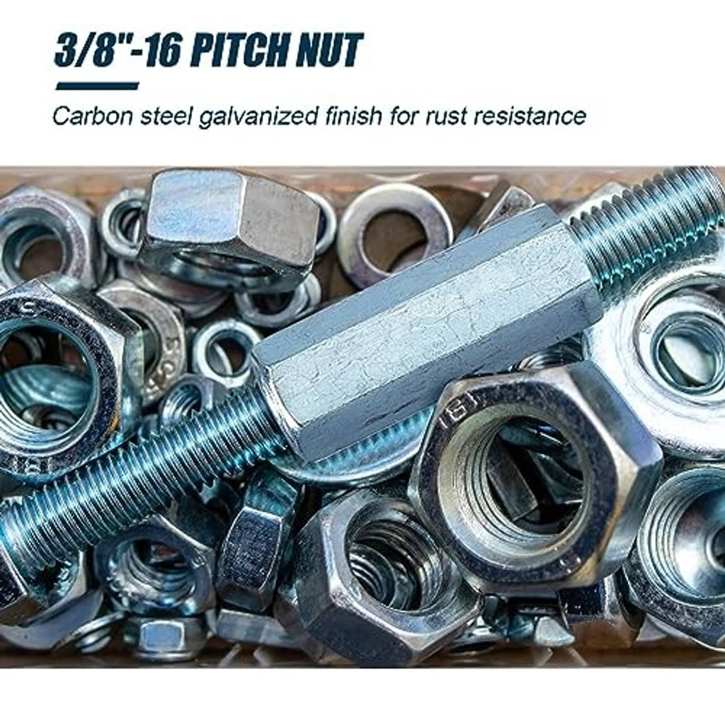 Pile of galvanized carbon steel coarse coupling nuts with visible hex openings