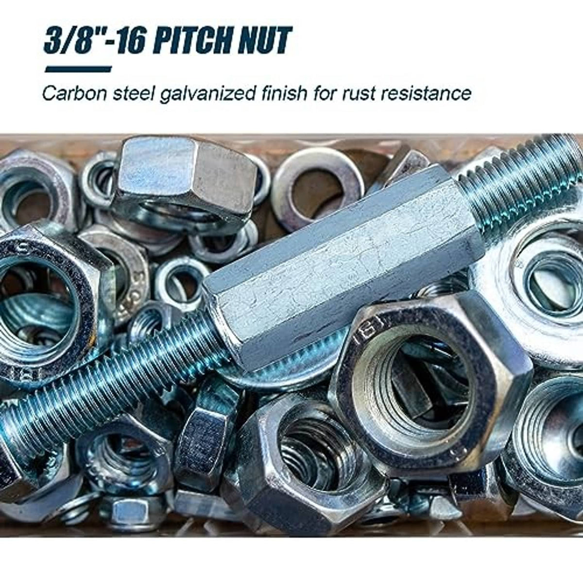 Pile of galvanized carbon steel coarse coupling nuts with visible hex openings