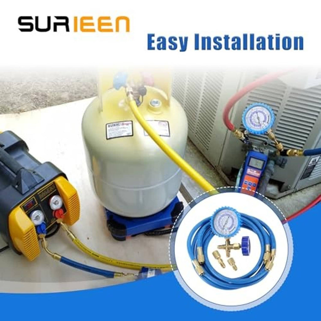 Refrigerant charging hose kit connected to an outdoor AC unit with pressure gauge