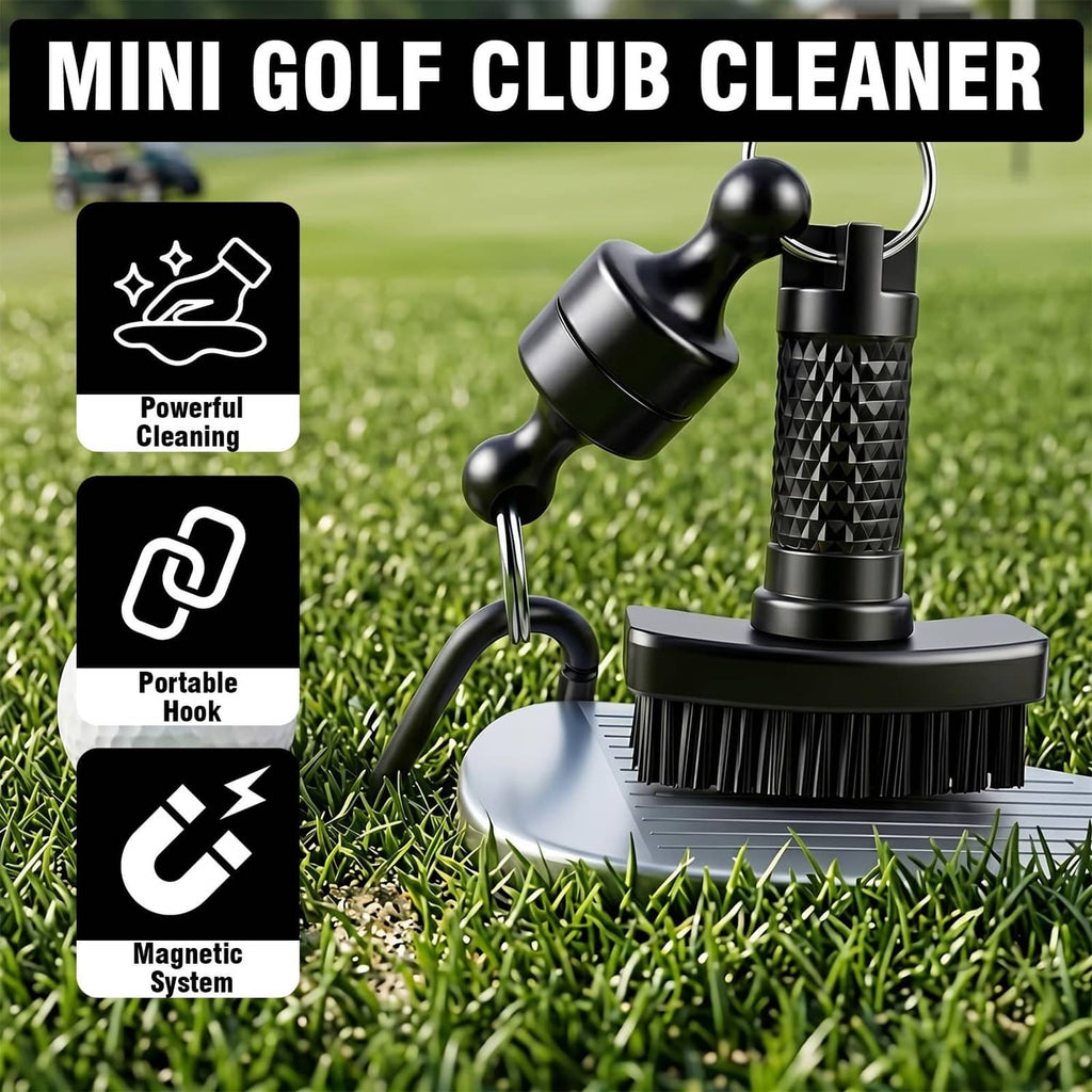 Mini golf club cleaner with round bristle base and magnetic handle brush