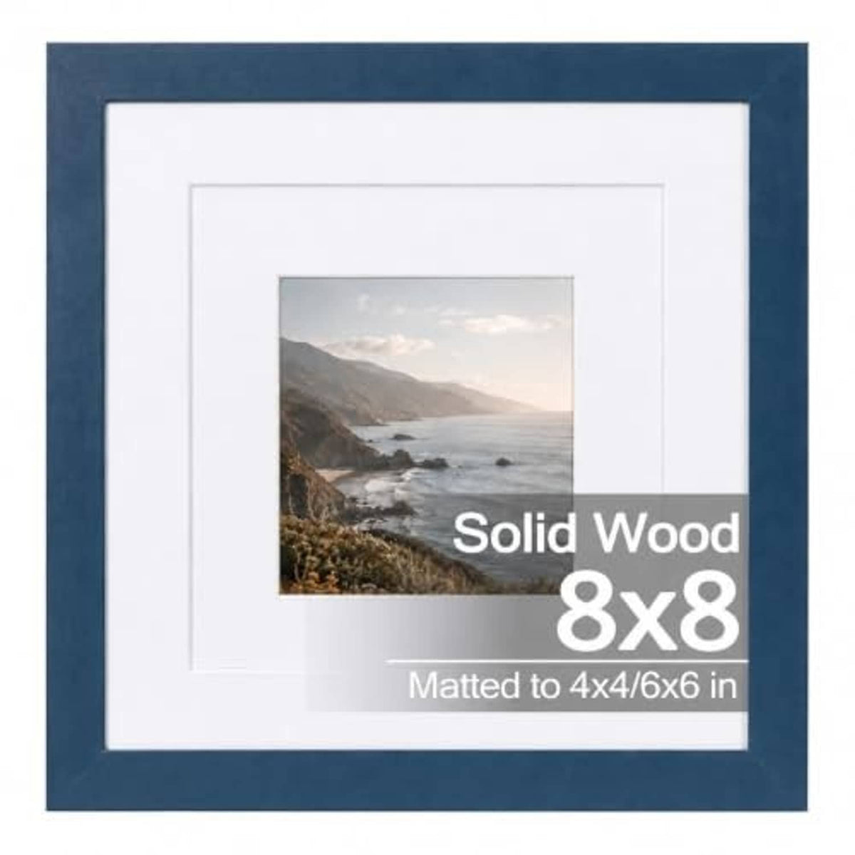 Navy 8x8 solid wood picture frame with white mat and landscape photo insert