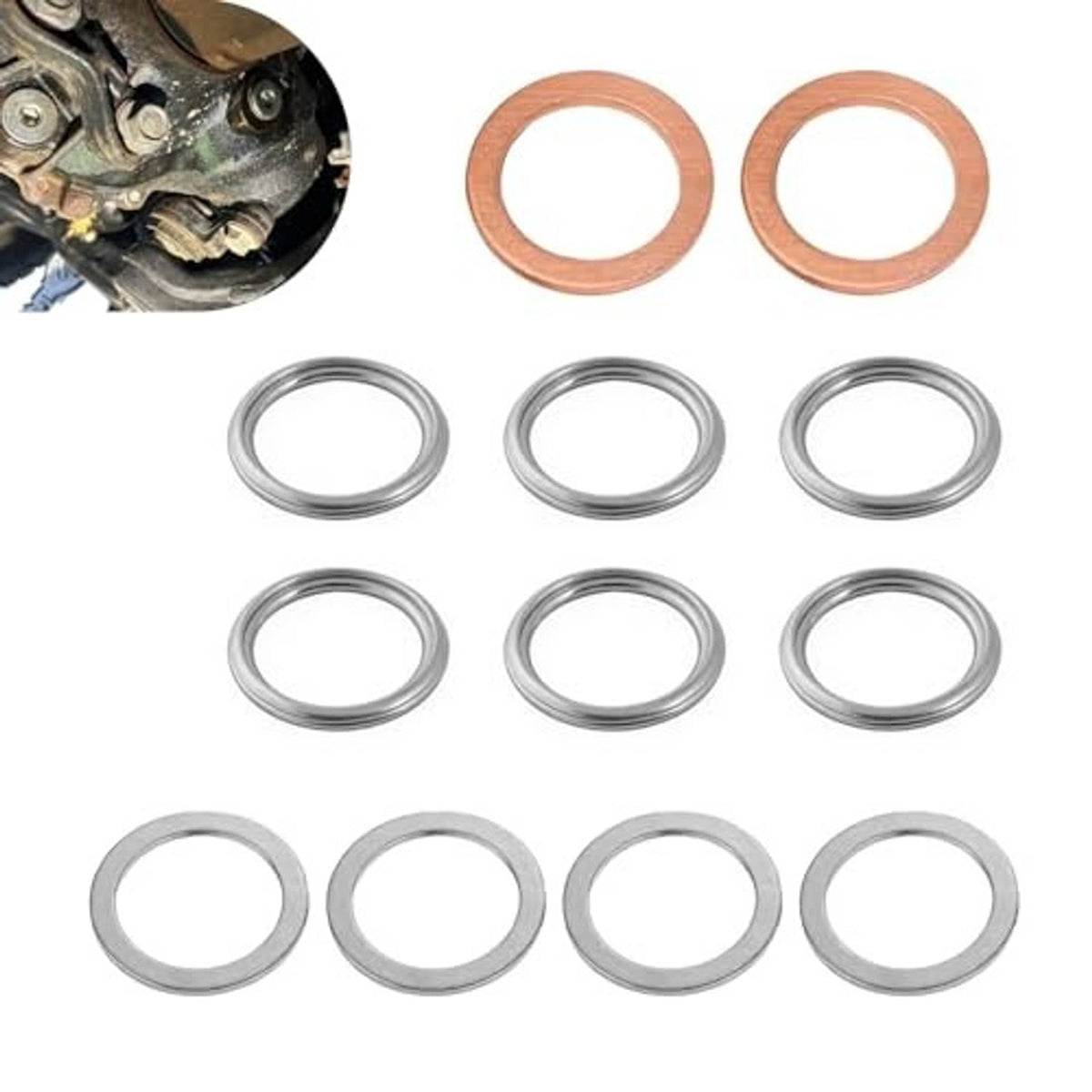 Transmission gasket set with copper and silver rings, 12-piece assortment