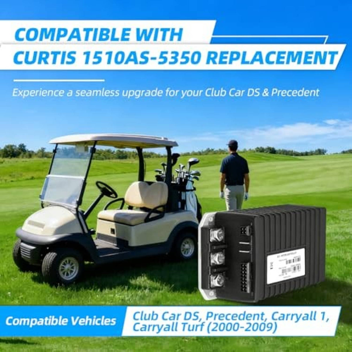 Black golf cart controller with front panel ports and white identification label.